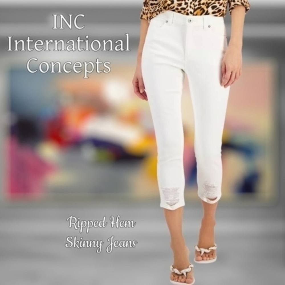 INC INTERNATIONAL CONCEPTS Mid Rise Ripped Cropped Skinny Jeans-NWT/14/White